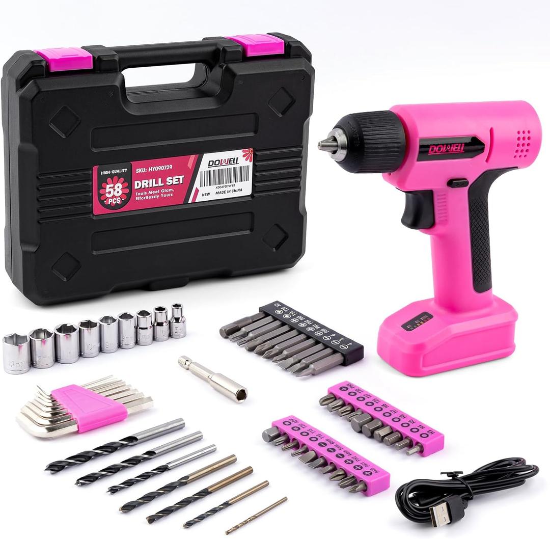 DOWELL 8V Cordless Drill Tool Set 58 PCS, Built-in LED, Variable Speed, Type-C Charge Cable, Blow Molded Case, for DIY, Home Maintenance & Light Drilling, Pink