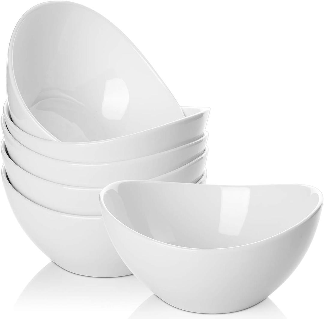 19 Ounces Ceramic Serving Bowls, Sturdy Porcelain White Oval Salad Bowls, Stackable Food Server Fruit Display Dishes for Party Dinner, Microwave and Dishwasher Safe, Set of 6 (6.5 inch)