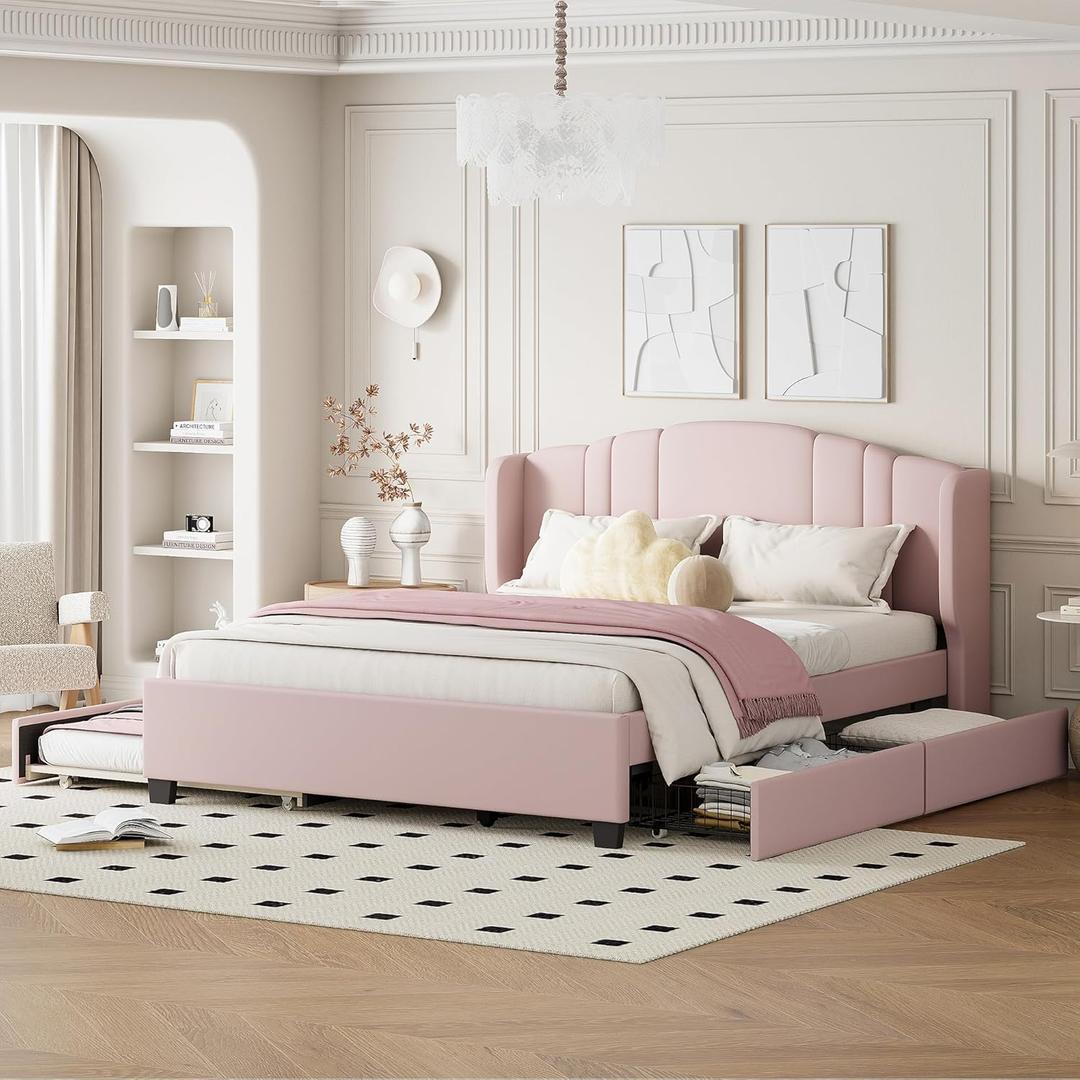 Ball & Cast Queen Size Bed Frame with Pull Out Trundle,Linen Upholstered Platform Bed with Wingback Headboard,Trundle Bed with Wood Slats Support,No Box Spring Needed,Pink