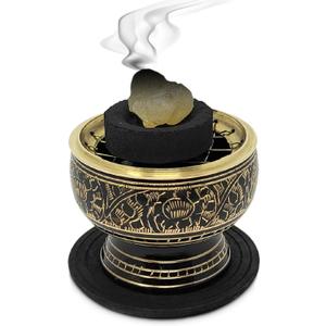 India Small Decorated Brass Charcoal Screen Incense Burner with Wooden Coaster