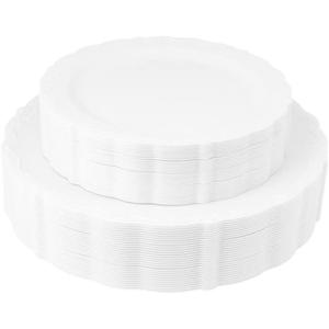 Posh Setting Vintage Plastic Plates Set - Heavy Duty Dinnerware, 60 Pack with 30 Appetizer & 30 Dinner Plates for Wedding, White (Dinnerware Set)