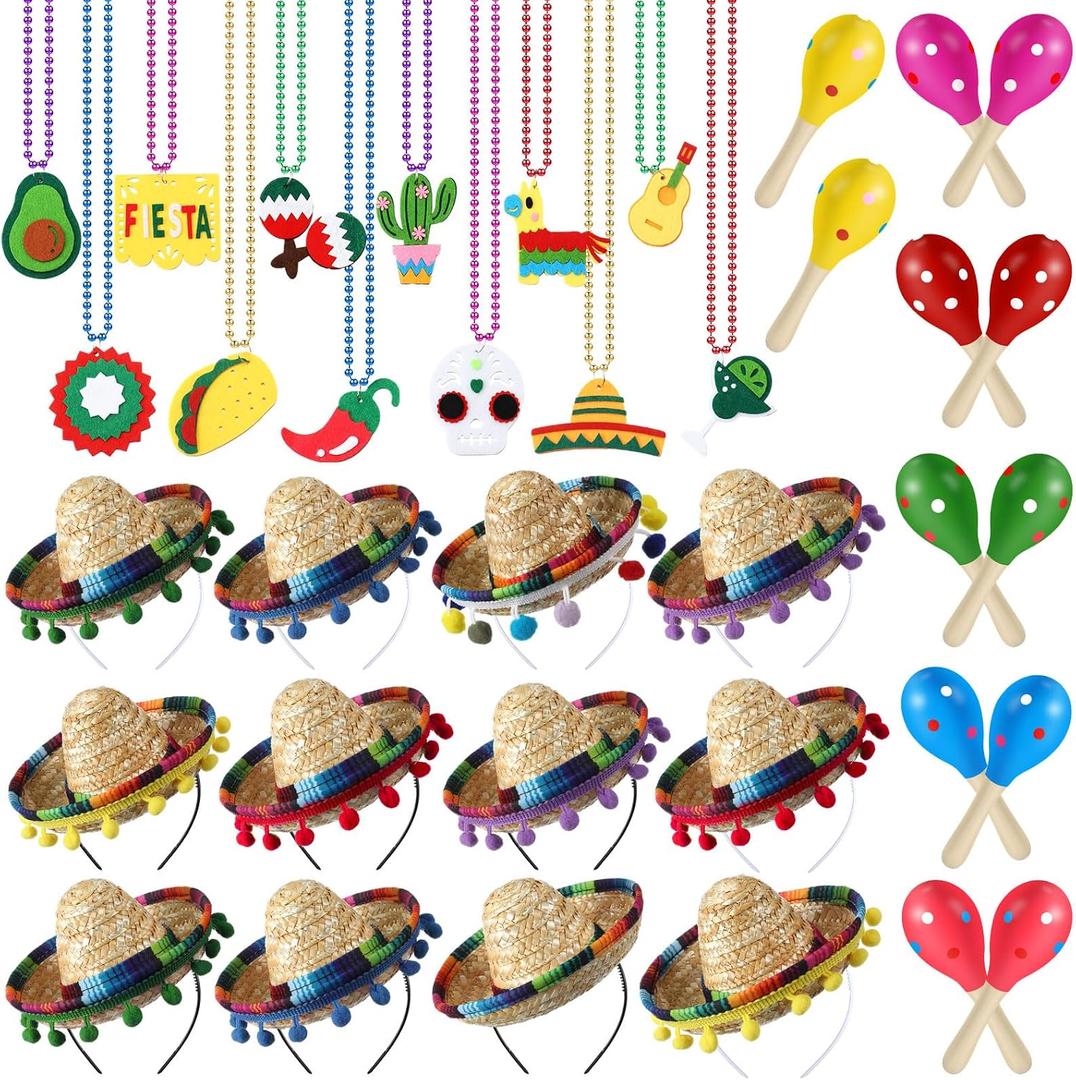 36 Pcs Mexican Fiesta Decor Includes 12 Mexican Sombrero Headbands Hat 12 Wooden Maracas 12 Mini Cinco De Mayo Necklaces for Mexican Theme Decorations and Party Supplies Favors(Classic)