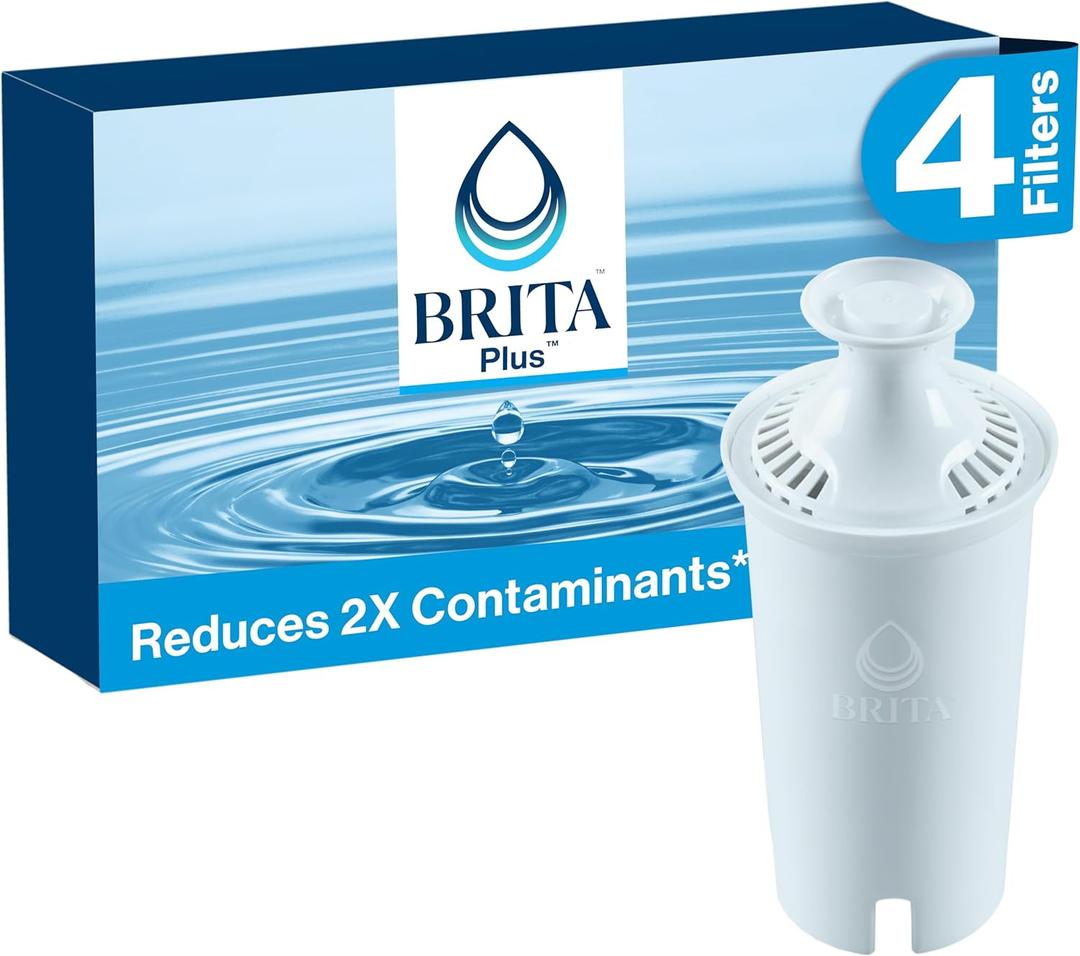 Brita Plus Water Filter, BPA-Free, High-Density Replacement Filter for Pitchers and Dispensers, Reduces 2x Contaminants*, Lasts Two Months or 40 Gallons, Includes 4 Filters