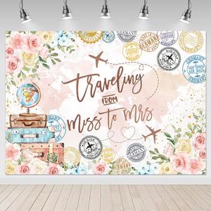 Mocsicka Miss to Mrs Backdrop 7x5ft Traveling from Miss to Mrs Bridal Shower Adventure Begins Pink Flowers World Map Photography Background Engagement Wedding Bridal Shower Party Banner