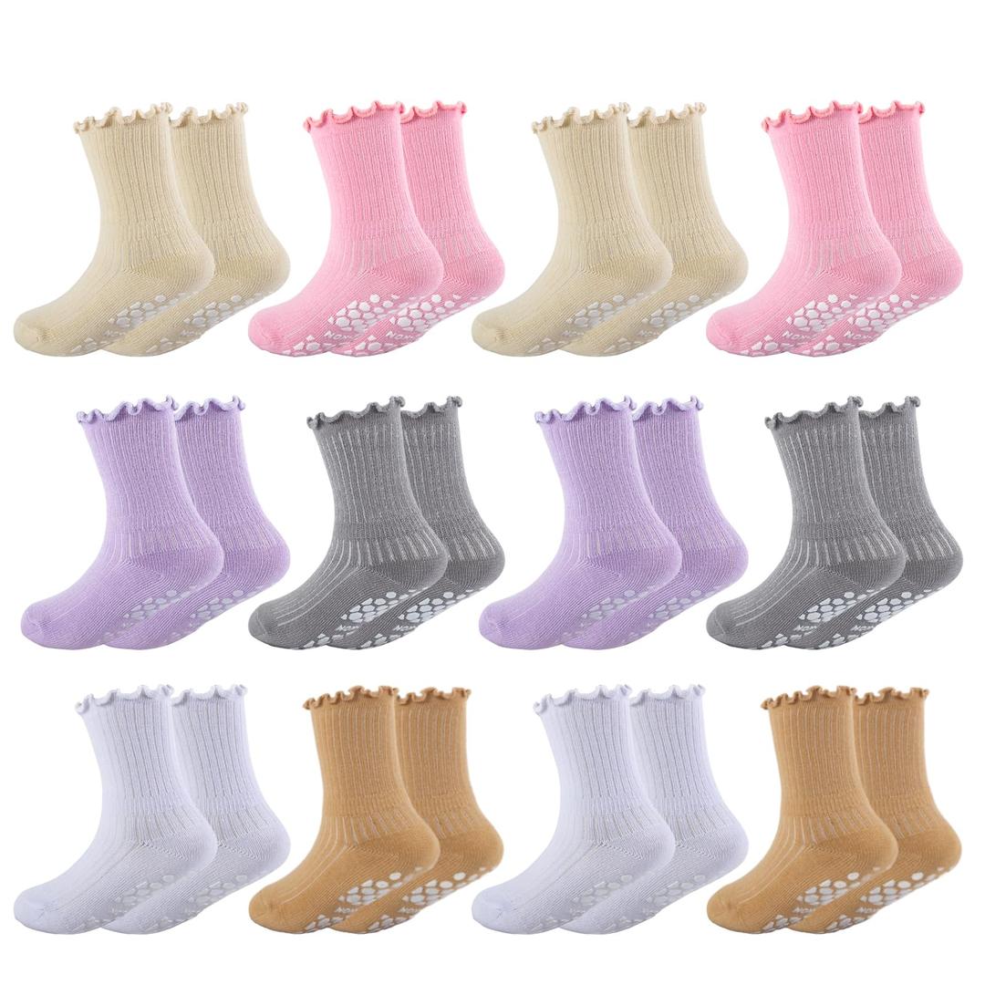 QHANSHIEE Baby Girls Toddlers Ruffle Grip Socks Kids Non Slip Cute Frilly Cotton Crew Socks Uniform School Dress Sock 12Pairs