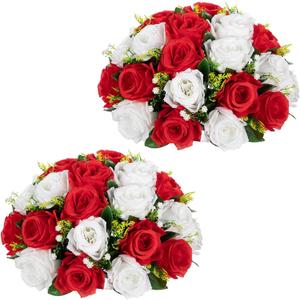 Briful Fake Floral Balls for Centerpieces - 2PCS 11.8" Large Faux Rose Flower Arrangement Silk Flower Bouquet for Home Wedding Party Anniversary Table Vase Flower Stand Decor(Red White)