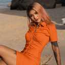 DAAWENXI Women's Sexy V Neck Ruched Button Down Clubwear Night Out Mini Club Dress (Orange, L)
