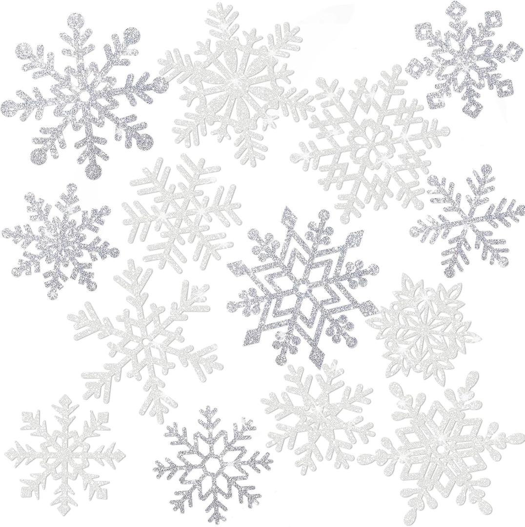 Winter Snowflake Cutouts - Glitter Paper Snowflake Decorations - 50Pcs White & Silver Double-Side Christmas Cutouts for Holiday Winter Wonderland Bulletin Board, Frozen Party Decor