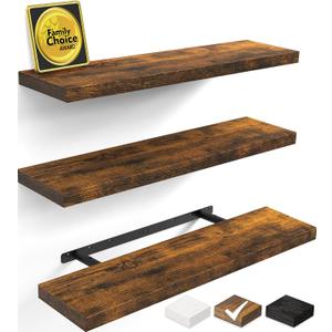BAYKA Rustic Brown Floating Shelves 35.4in, Set of 3, Wall Mount Wood Shelf