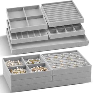 Set of 10 Stackable Jewelry Organizer Trays for Drawer 14 Inch Velvet Jewelry Drawer Insert Display Storage with Removable Divider for Necklace Earring Ring Watch Bracelet (Gray)