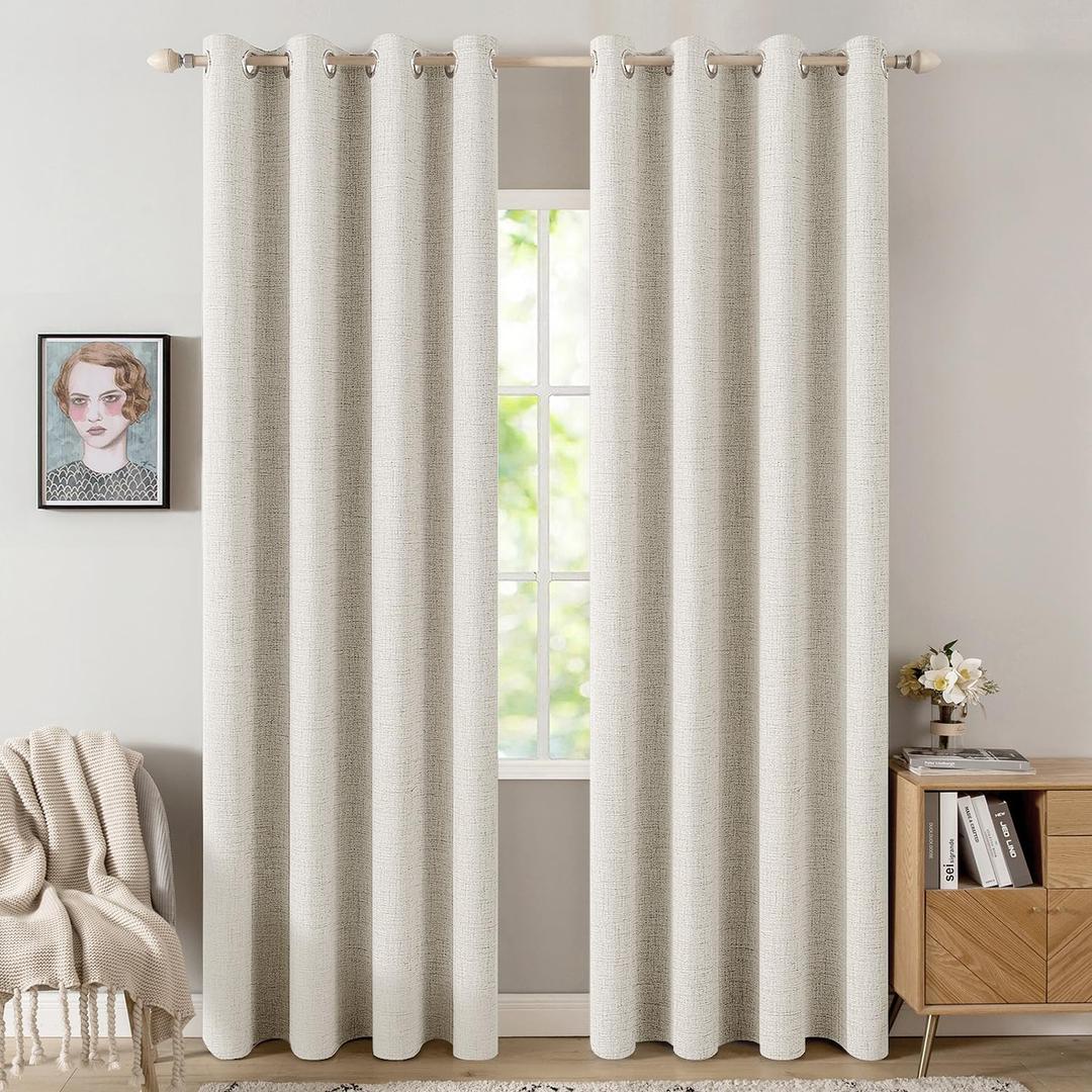 MIULEE Linen Texture Curtains for Bedroom Solid 100% Blackout Thermal Insulated Linen Beige Curtains Grommet Room Darkening Drapes for Living Room Nursery 52x84 Inch (2 Panels)