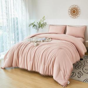 PERFEMET Blush Twin Bed in A Bag for Girls 5 Pcs Boho Pom Pom Bed Comforter Set with Sheets Soft Lightweight Pink Plain Bedding for Kids Teens(Blush, Twin)