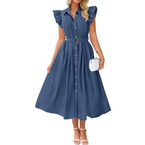 ZESICA Womens Summer Button Midi Dresses 2026 Flutter Short Sleeve Belted Business Casual Work Long Dresses with Pockets (XL)