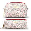 Zeyune 2 Pcs Quilted Makeup Bag Cotton Floral Aesthetic Makeup Pouch Gifts Travel Cosmetic Bag Flower Cute Brush Case Toiletry Pouch for Women Cosmetics Storage (Pink,Classic Style)