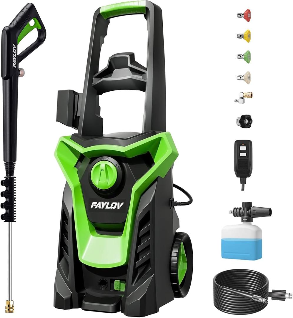 Pressure Washer, Power Washer with GFCI Safety Plug, Portable Pressure Cleaner with Foam Cannon & 360 Rotating Nozzle for No-Bend Cleaning, 4 Quick-Connect Nozzles for Cars, Driveways, Fences, Patios (Green)