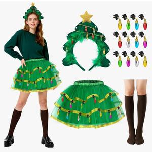 Beipegin Christmas Tree Costume Women Include Christmas Tree Skirt Headband Socks and Xmas Decorations Lights for Xmas Party Small