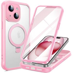 for iPhone 15 Plus Case with Invisible Magnetic Stand, Compatible with Mag-Safe Translucent Matte with Built-in Screen Protector, Shockproof Protective Phone Case for Women Men, Pink