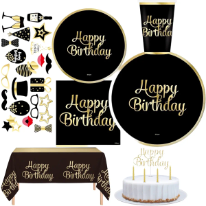 Oojami 180Piece Happy Birthday Party Supplies Set – Serves 30 Guests with 9" Dinner Plates, 7" Dessert Plates, 12 oz Cups, and 3Ply Napkins – Gold Foil Disposable Tableware Party Pack
