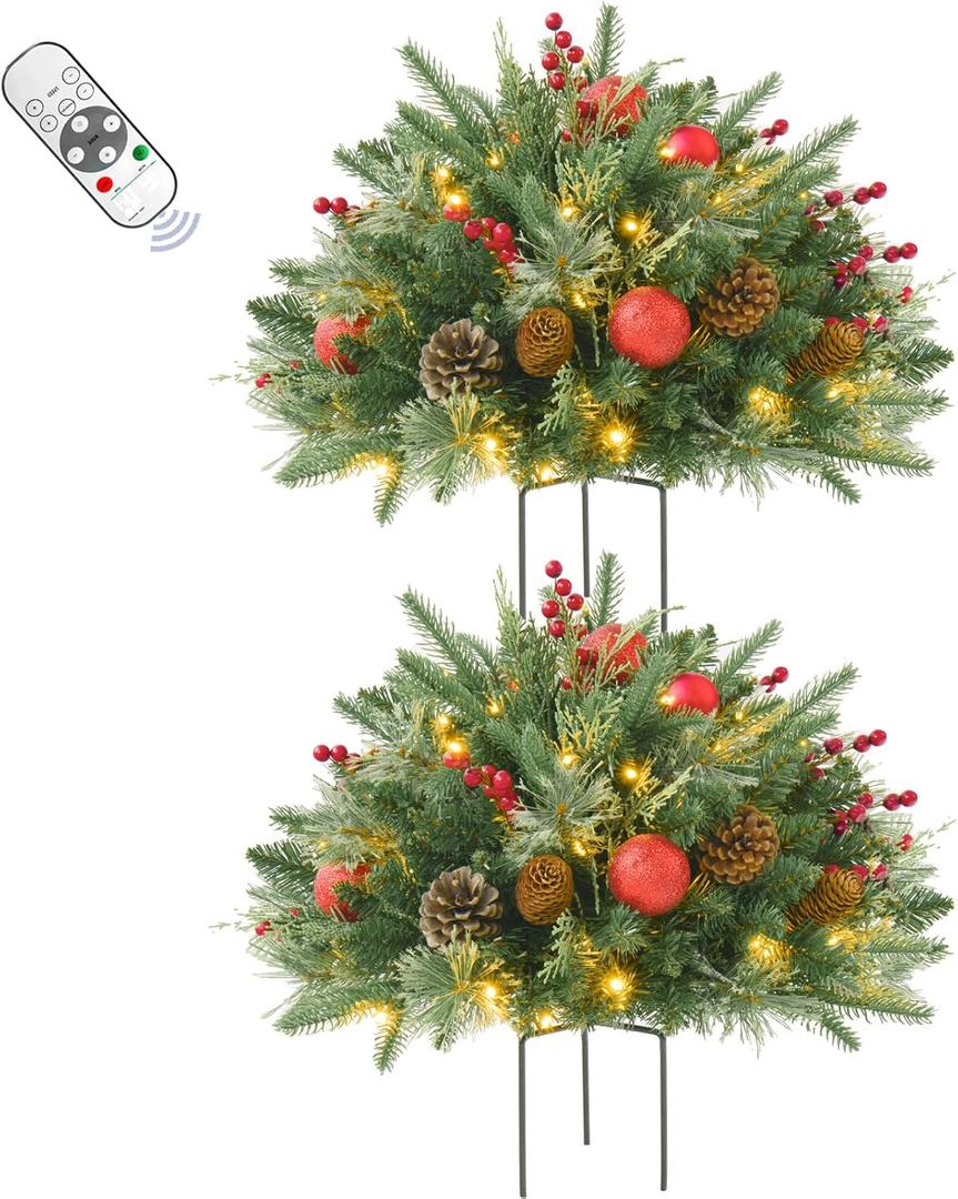 2 Pack 24 Inch Lighted Outdoor Christmas Tree with Dual Color LED Lights, Remote Control Battery Operated Pre-lit Pathway Urn Filler, Christmas Porch Decorations for Home, Porch & Yard (Gold Red)