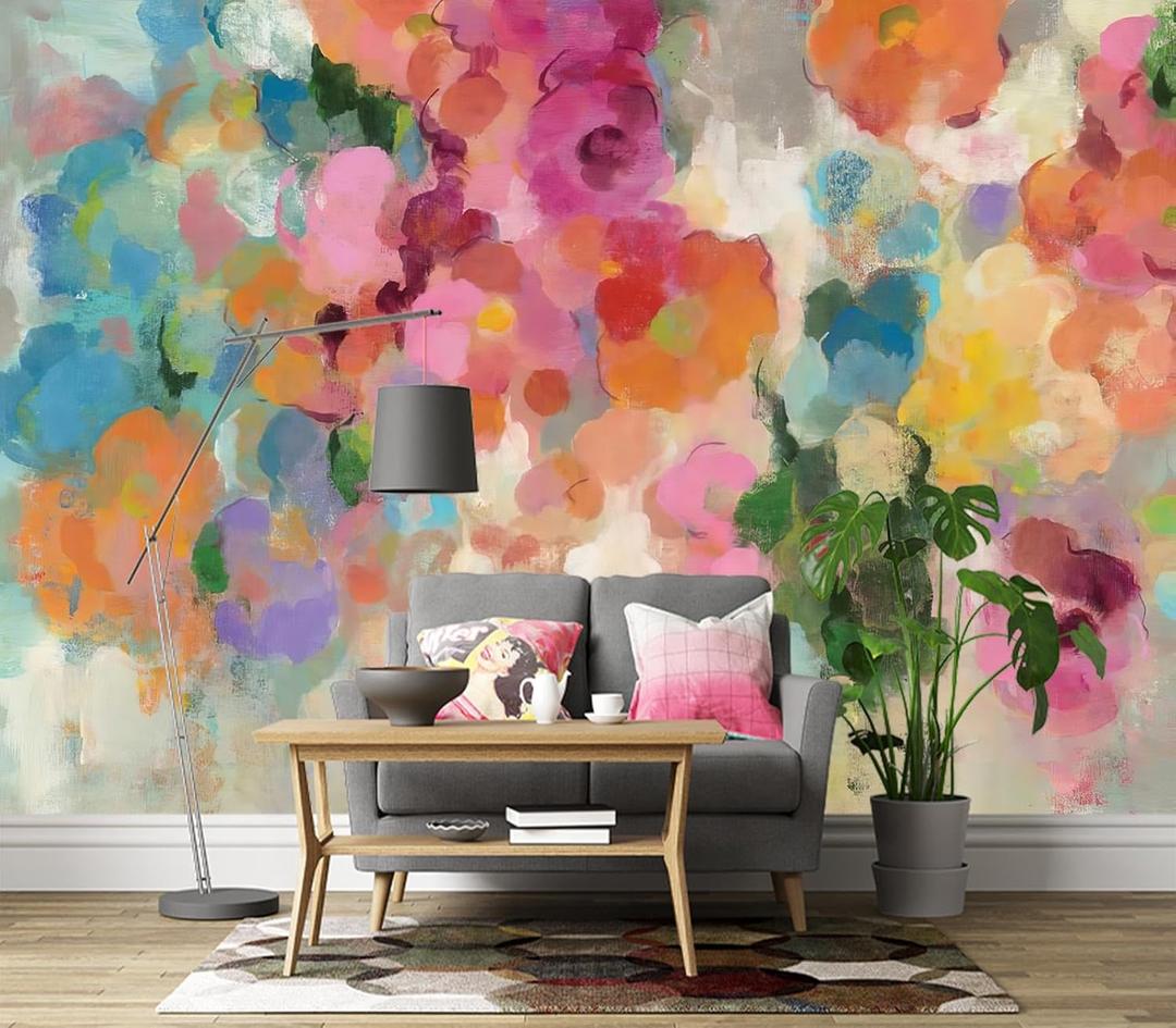 Peel and Stick Vibrant Abstract Floral Painting Mural, 137" x 102"