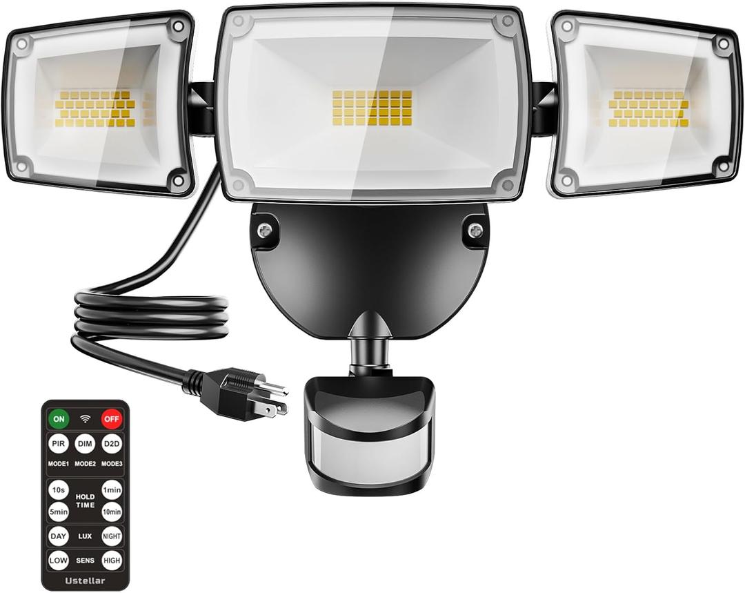 USTELLAR 55W Plug in Flood Light Outdoor, 5500lm Motion Sensor Outdoor Lights with Remote Control, Dusk to Dawn Security Light, IP65 Waterproof, 5000K Daylight Wall Mounted for Garage, Yard, 1 Pack