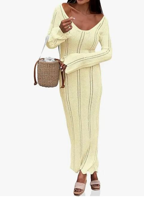 Womens Crochet Maxi Dress Bell Sleeve Bodycon Scoop Neck Backless Long Knit Dresses Beach Cover Ups Size M