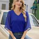 Uhiger 3/4 Length Sleeve Womens Tops V Neck Chiffon Blouse Dressy Casual Double Layered for Weekend Outings and Everyday Wear (Medium, Royal Blue)