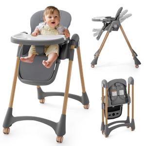 Portable High Chairs for Babies and Toddlers, 3-in-1 Foldable High Chair, Adjustable Height & Recline Baby Feeding Chair with Removable Tray, Adjustable Backrest, Pedal & Lockable Wheels Gray