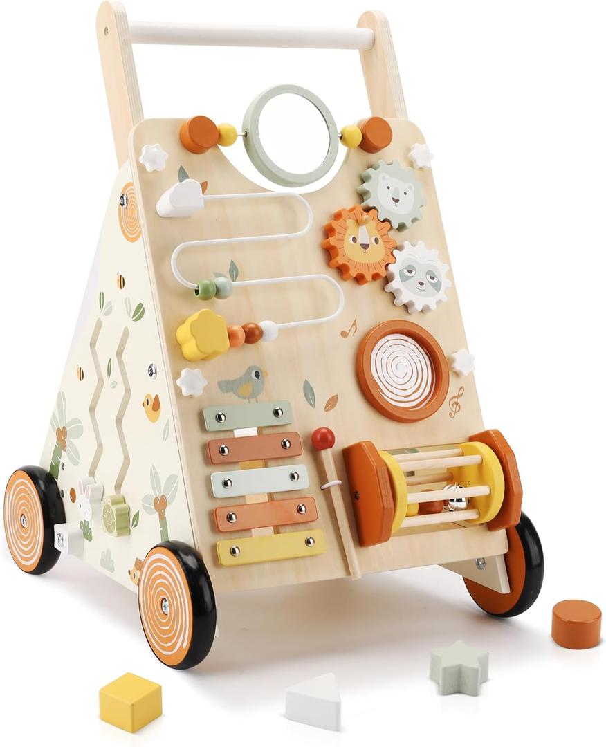 Pithfor Wooden Baby Walker, Baby Push Walker with Activity Center for Girls Boys, Montessori Push Walker Toys for Babies Learning to Walk, Sit-to-Stand, for 10-12 Months 1 2 3 Years Old (Orange)