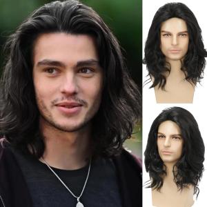 Mens 80s Long Curly Black Wig Mullet Wigs Men Costume Heavy Metal Rock Wig Halloween Costume Party Cosplay (Black-1015)