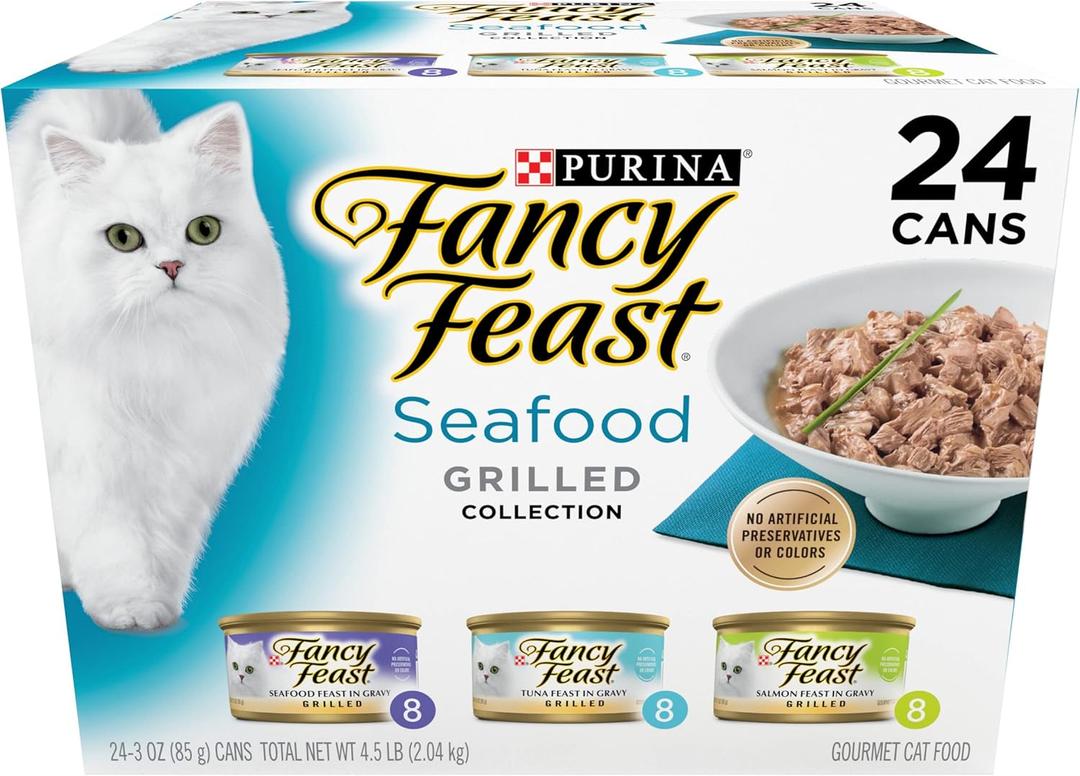 Purina Fancy Feast Grilled Wet Cat Food Seafood Collection in Wet Cat Food Variety Pack - (Pack of 24) 3 oz. Cans (EXP 12/01/26)