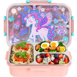 Stainless Steel Bento Lunch Box for Kids, 800ml/27oz BPA-Free Leak-Proof Food Containers with 3 Compartments, Freezer & Dishwasher Safe, Back to School Students Lunches Size for Ages 3-7