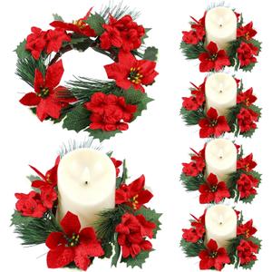 6 Pcs Christmas Candle Rings Artificial Red Poinsettia Candle Rings Christmas Table Centerpieces Decorations for Home Xmas Holiday Party Table Centerpiece