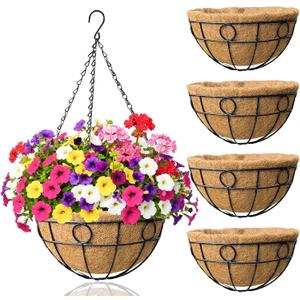 4 Pack 14 Inch Hanging Baskets for Plants Outdoor Metal Hanging Planters with Coco Coir Liner Round Wire Plant Holder Hanging Flower Pots for Outdoor Patio Lawn Balcony Garden Decor - Circular