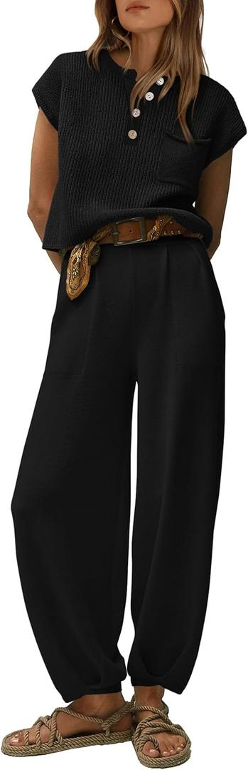 PRETTYGARDEN Womens Two Piece Outfits Sweater Sets Knit Pullover Tops And High Waisted Pants Matching Tracksuit Sweatsuit Set (Button Black,Large)