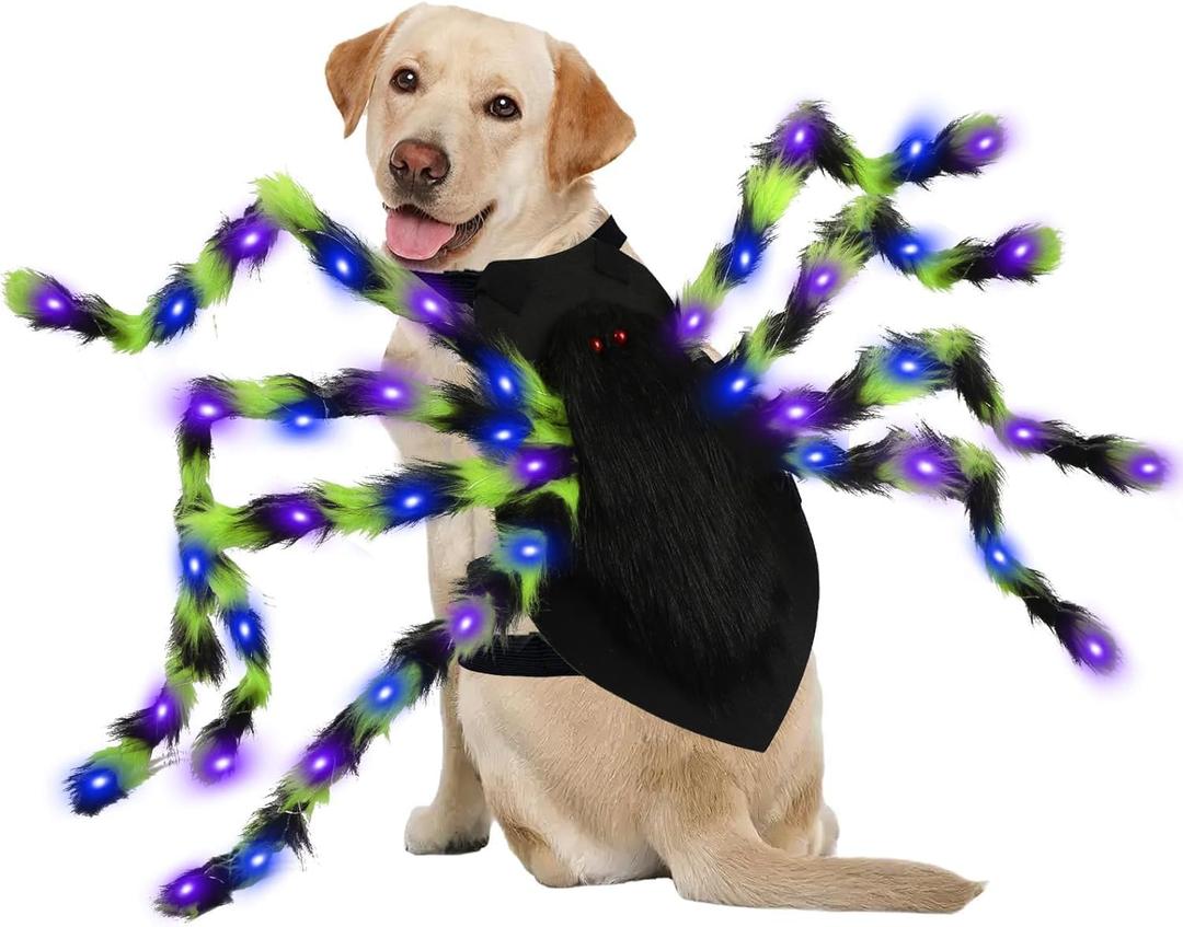 OurWarm Dog Halloween Costumes for Pet 64 LED Furry Large Dog Spider Costume Funny Pet Costumes for Medium Big Dogs Halloween Party Decor Puppy Pets Outfits Cosplay (Green)