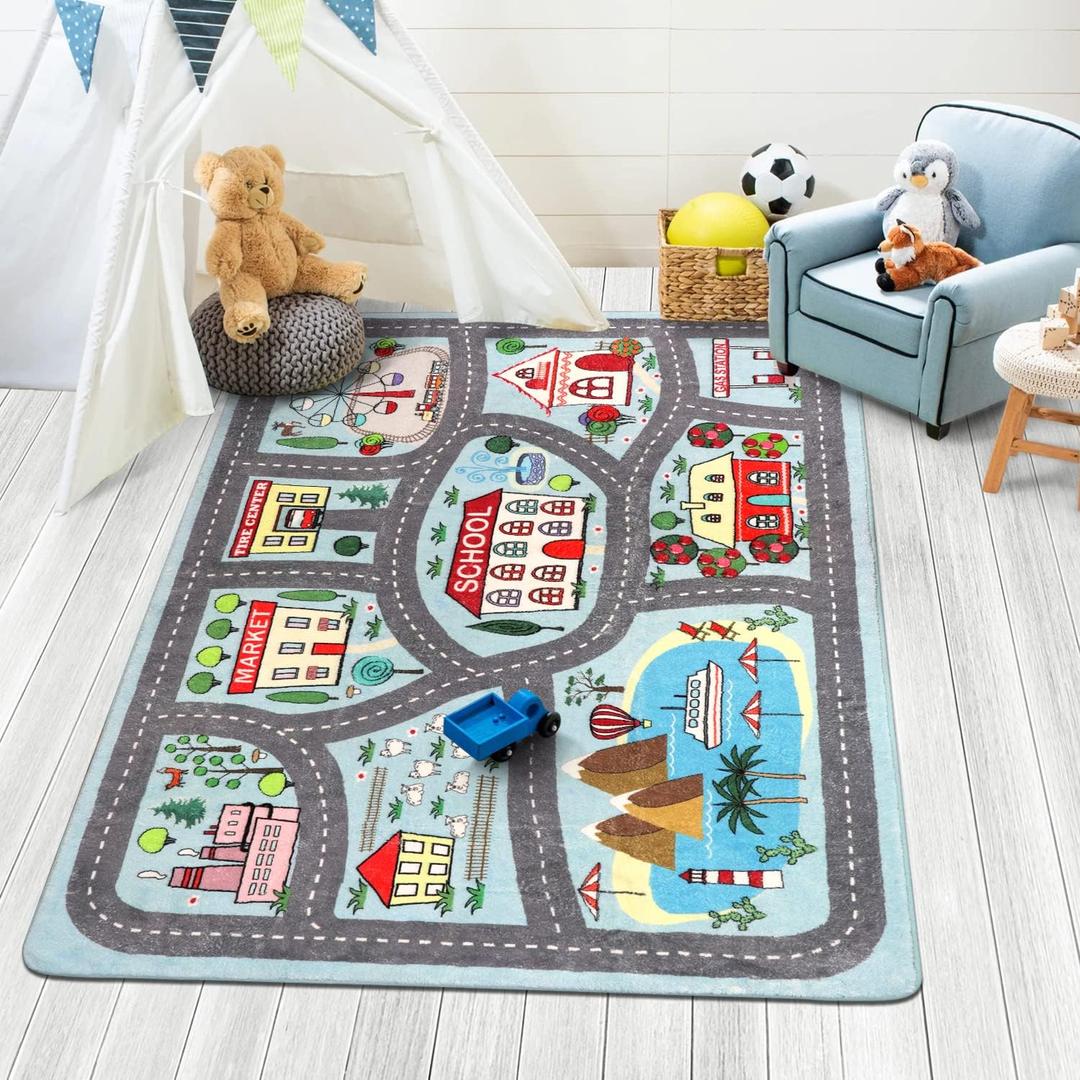 LIVEBOX Kids Rug 3'x5' Car Rug Play Mat for Playing Cars Toys, City Life Playroom Rugs Educational Carpet for Children Boy Girl, Road Traffic Nursery Rugs for Kids Room Play Area (Blue)