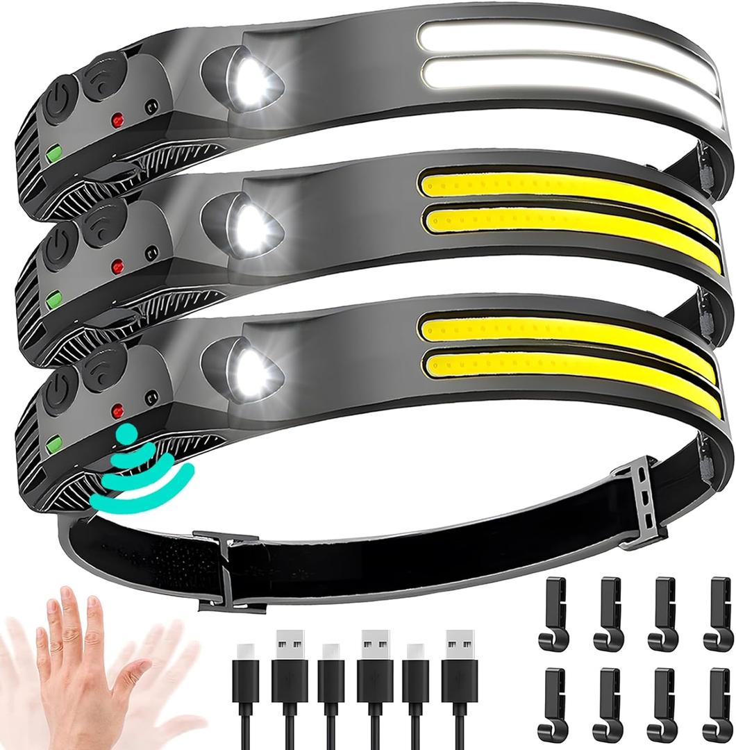 LED Headlamp Rechargeable 3PCS - 230 COB Super Bright Head Lights for Forehead, Hard hat Light for Adults, USB C Headband Flashlight for Work, Hiking, Running, Camping Essentials Gear (3 Pack - New Upgrade II Dual-Led Strip)