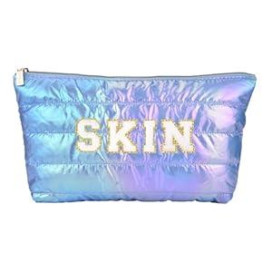 Hiroyuki Iridescent Makeup Bag, 14 inches Cosmetic Bag, Large Capacity Travel Pouch (Skin, blue)