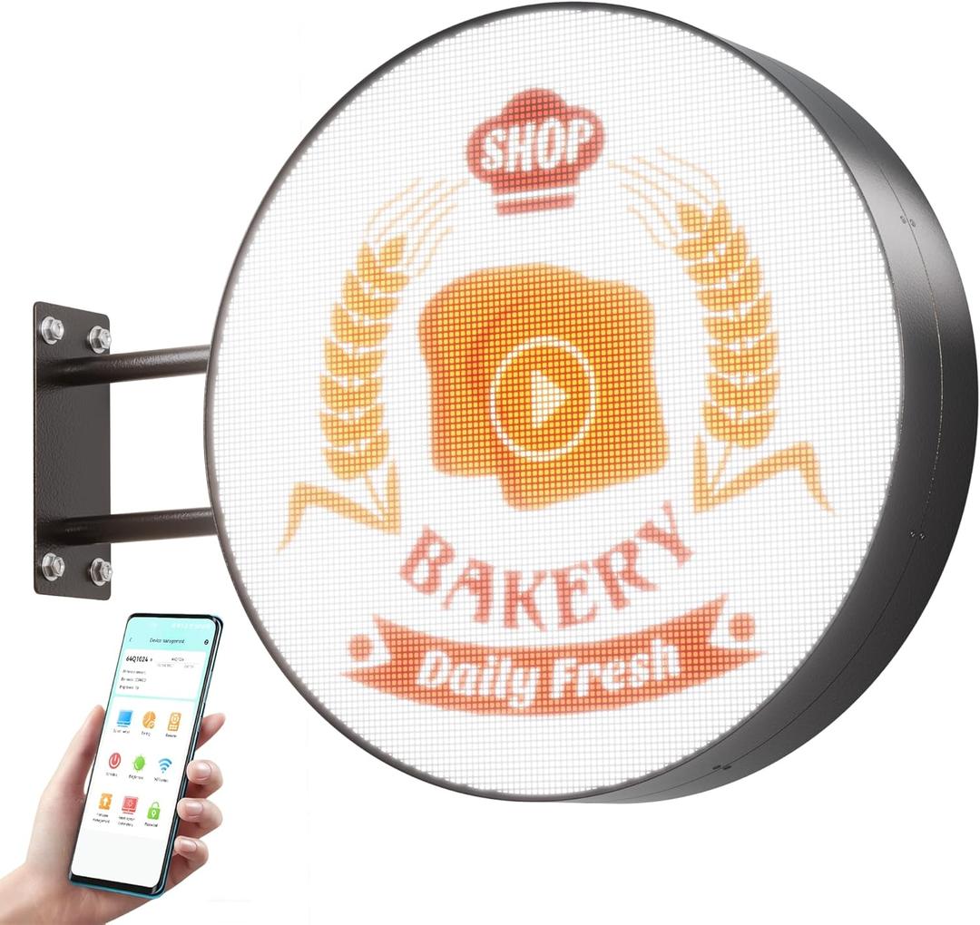 P5 Outdoor Round LED Store Sign Programmable, Wall Mount Single-Sided Full Color Custom Digital Display, Image, Video Signage Electronic Message Board for Business Salon Advertising 20" (Black)