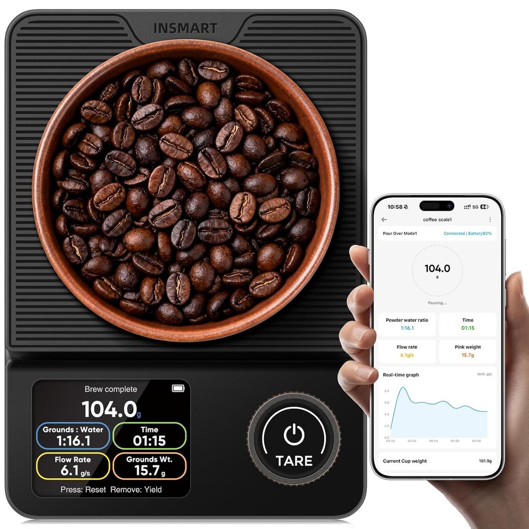 INSMART Coffee Scale with Timer, Bluetooth Espresso Scale with App Sync 5kg/0.1g High Precision, Large Color Display Digital Kitchen Scale, 5 Units & 3 Brew Modes for Pour-Ove, Espresso, Kitchen (Black)