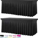 2 Pack Black Spandex Table Covers for 6 Foot Rectangle Tables, Wrinkle Free Fitted Tablecloths 6ft Stretch Table Clothes with Skirt for Parties Weddings Birthday Banquet Baby Shower
