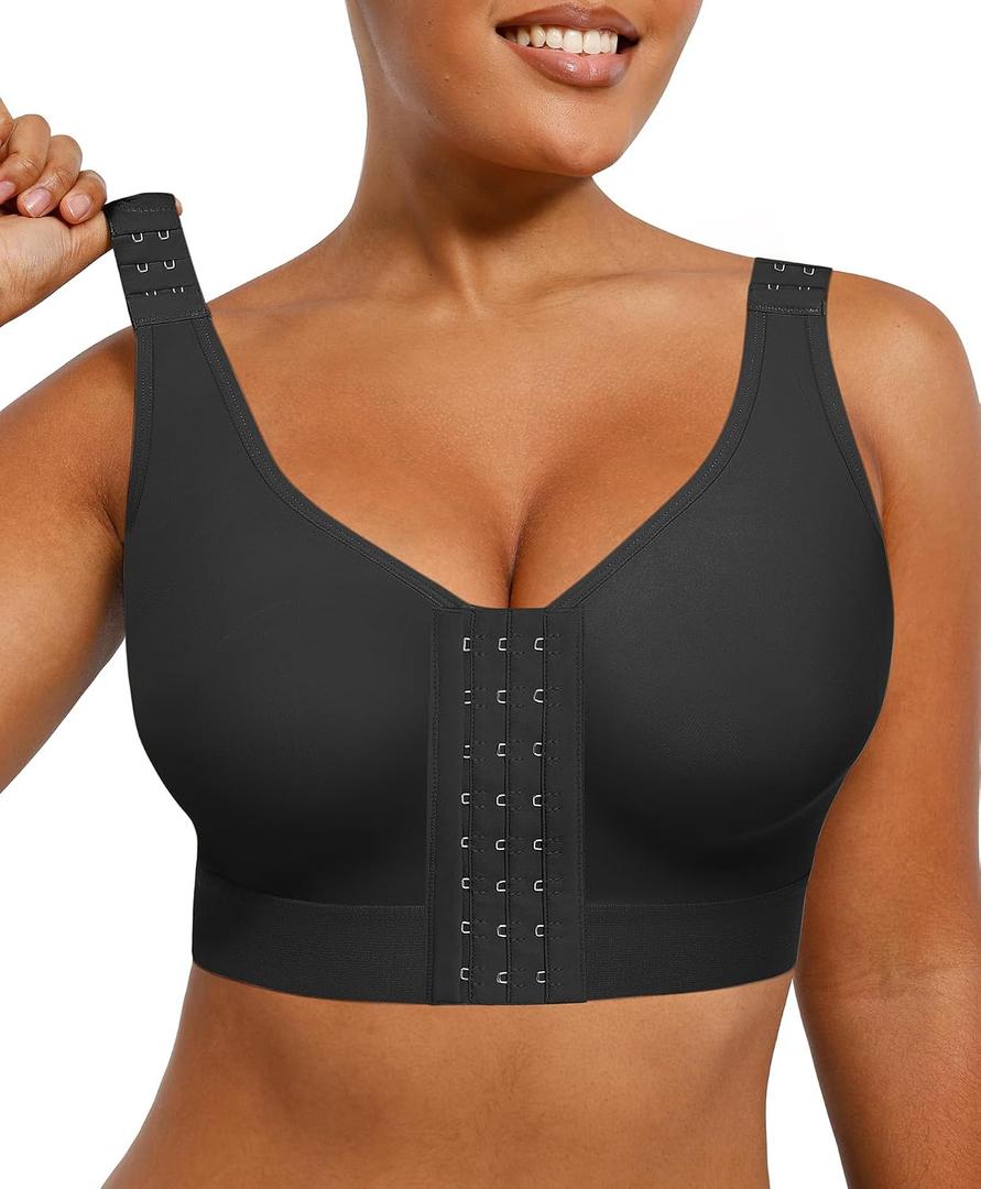 SHAPELLX Post Surgery Bras Front Closure Compression Bra Surgical Wirefree Mastectomy Bra with Adjustable Straps (Black, M)