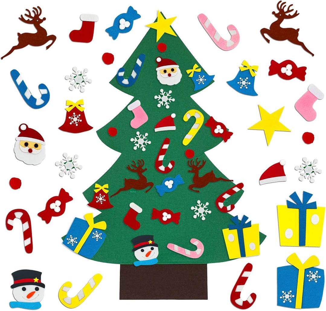 3.2Ft DIY Felt Christmas Tree Set for Kids Toddlers, 26 Hanging Ornaments Felt Christmas Tree Wall Craft Kits for Xmas Party Office Decoration, New Year Door Wall Decorations-A