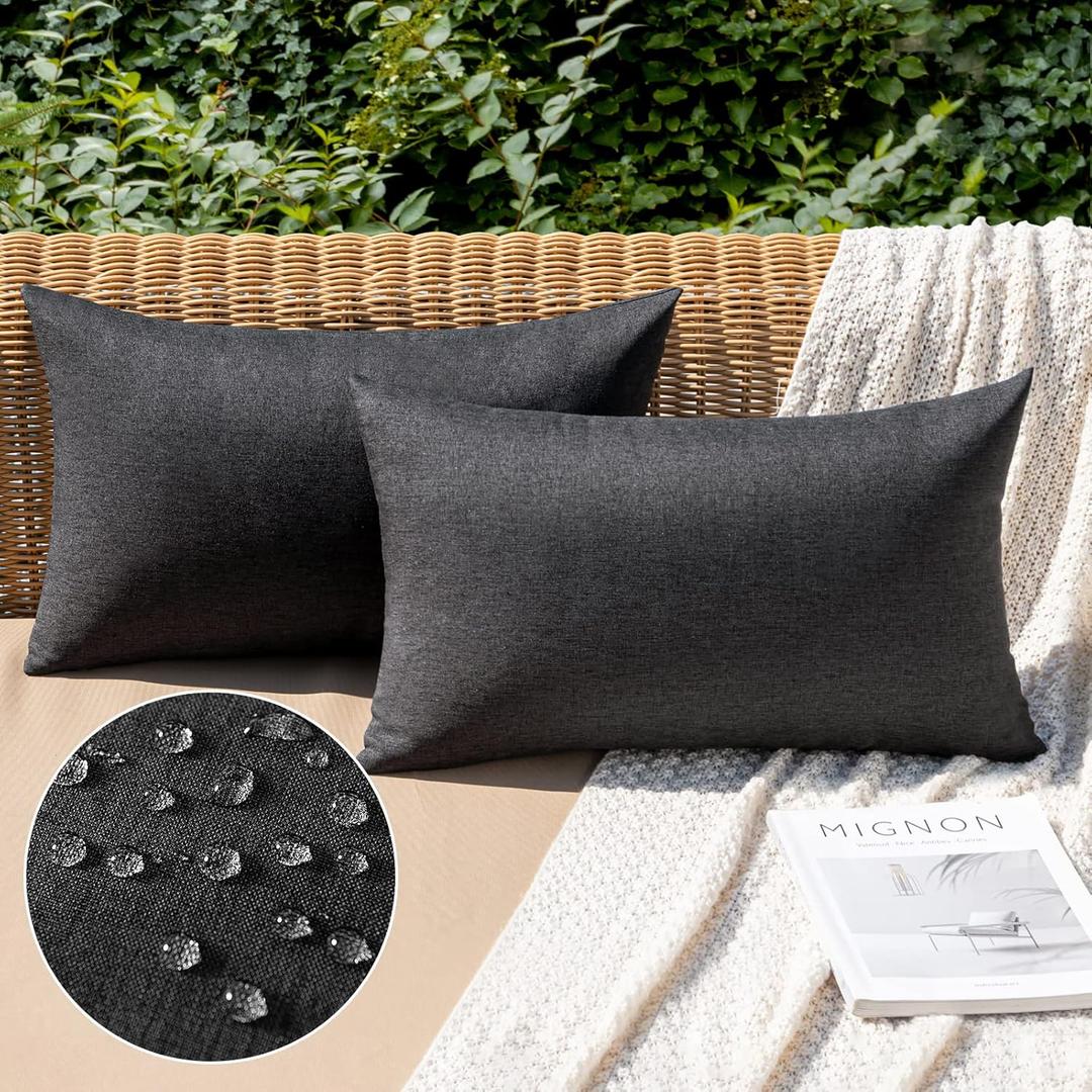 MIULEE Pack of 2 Decorative Outdoor Solid Waterproof Throw Pillow Covers Faux Linen Garden Farmhouse Cushion Cases for Halloween Tent Balcony Couch Sofa 20x12 Inch Black