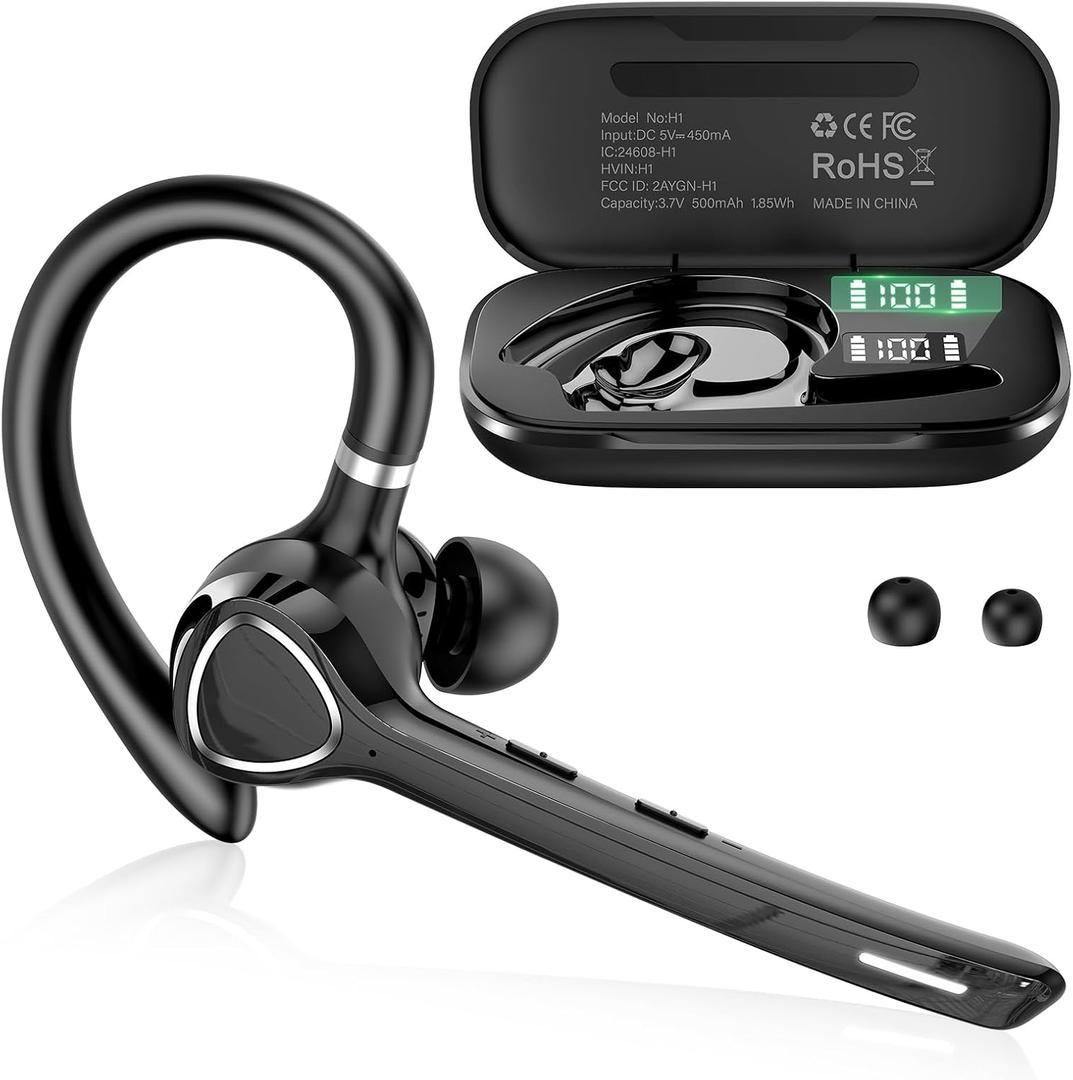 Bluetooth Headset with APTX HD Audio, Wireless Hands-Free Earpiece with CVC 8.0/ENC Dual Mic, Mute Button & Dual Device Connection, 90H Playtime Single-Ear Headphone for Trucker, Business, Black