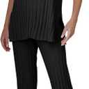 Tankaneo Two Pieces Outfits Sleeveless Top Knit Sets Trendy Lounge Long Pajamas Set (Medium, Black)