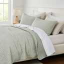 WDCOZY Sage Green Pick Stitch Queen Size Quilt Set, Striped Lightweight Soft Summer Spring Bedspread, Bamboo Linen Like Textured Coverlet, Chambray Farmhouse Country Rustic Thin Bedding Comforter