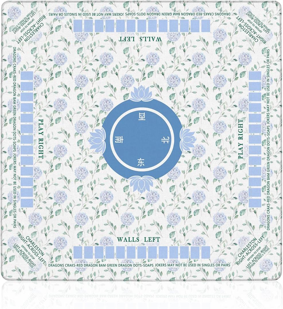 Blue Hydrangea Floral Mahjong Mat 31.5 x 31.5 in, Grandmillennial Cottagecore Blue Flower Anti Slip and Noise Reduction Game Table Cover for Mahjong Dominoes Card Board Tile Games
