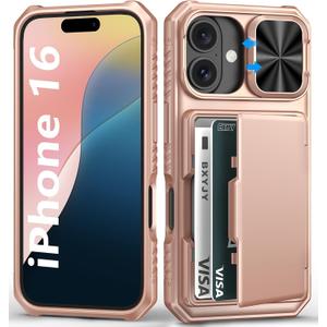 BXYJY for iPhone 16 Phone Case Wallet, Built-in Card Holder (4-5 Cards), Slide Camera Cover, RFID Block, Military Grade Drop Protection, Rugged Women Girly Men Protective Case for iPhone16, Rose Gold